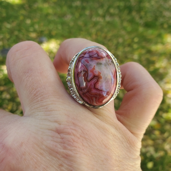 New Crazy Lace Agate Adjustable 925 Silver Unisex Ring. - Picture 3 of 16